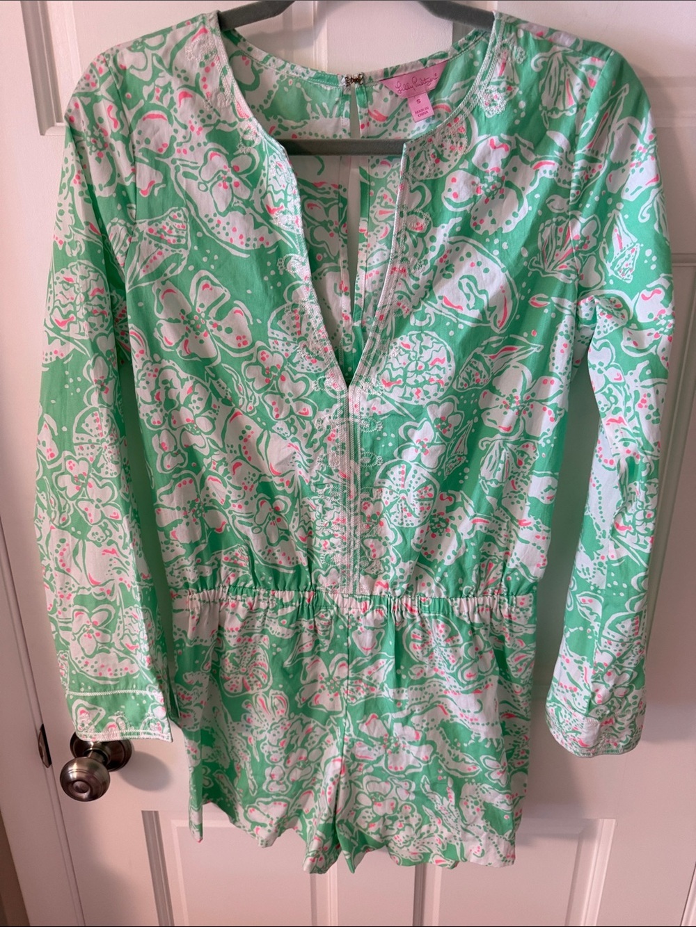 Lilly Pulitzer Women’s Long Sleeve Cotton Romper Beach Bash Glenda Green Small